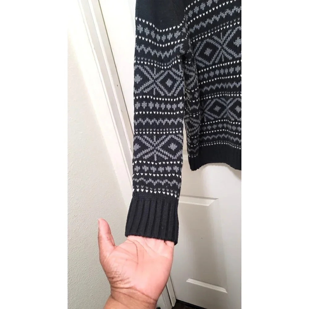 Banana Republic Sweater Mens Large Black Gray Fair Isle Wool Blend Knit Crewneck